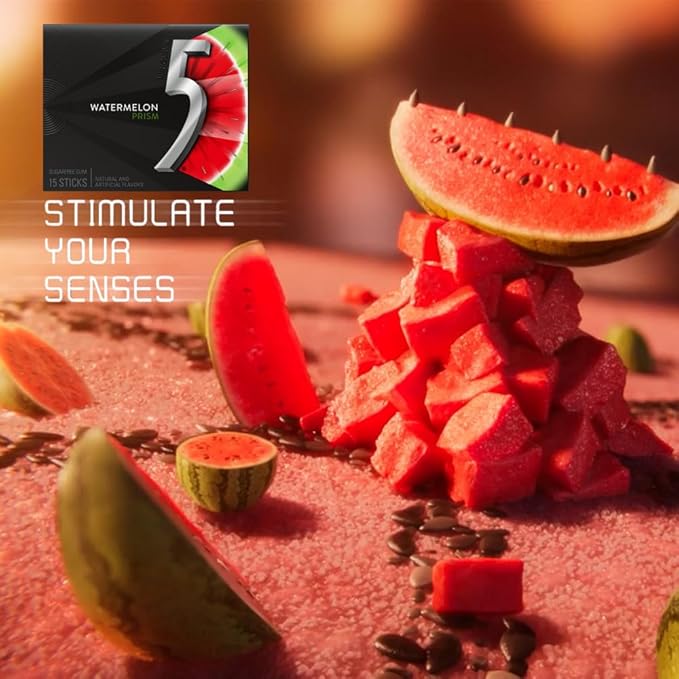 5 GUM Watermelon Prism Sugar Free Chewing Gum Bulk, 15 Stick Box (10 Pack)