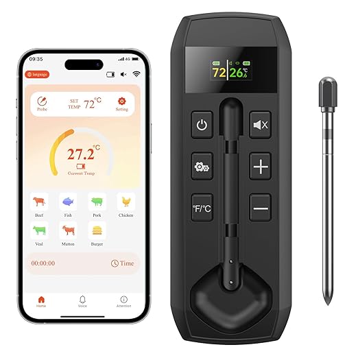 Wireless Meat Thermometer with Wireless Probe, 800Ft Remote Range Food Thermometer with iOS & Android Read App - Preprogrammed Temperatures, LCD Digital Cooking Thermometer for BBQ, Oven, Grill etc.
