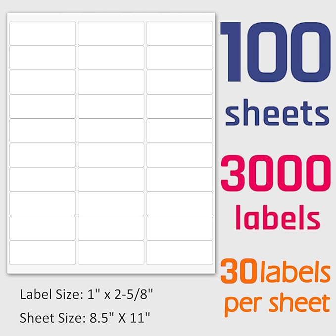 1" x 2-5/8" Shipping Address Labels 3000 Label Stickers Paper for Laser/Inkjet Printer 30 per Page Printable Mailing Labels - Matte, 100 Sheets (Pack of 2)