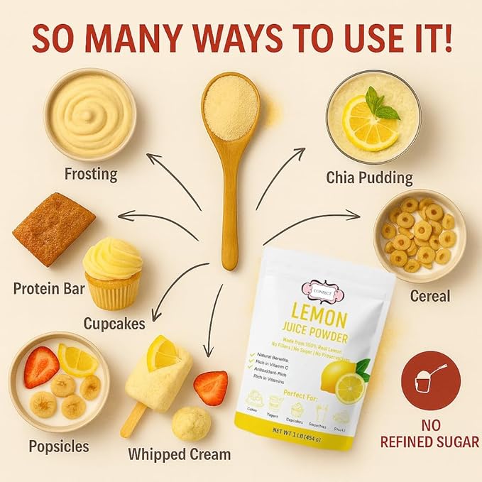 Confect Lemon Juice Powder | Pure & Natural Fruit Powder for Smoothies, Baking, Beverages, Juices, Tea & DIY Recipes | Vegan, Gluten-Free, No Added Sugar – 10 OZ