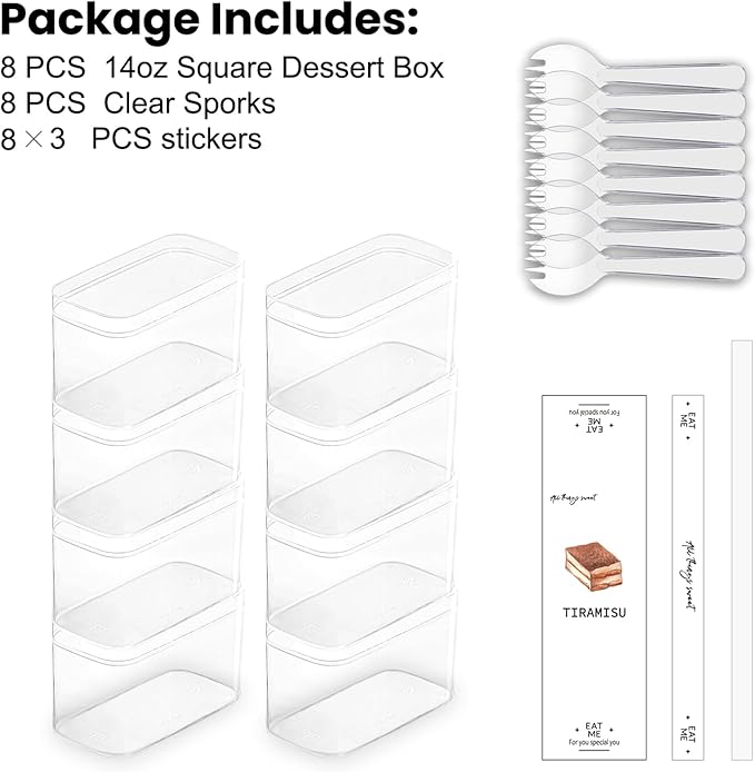 Plastic Rectangle Dessert Cups Boxes with Lids and Sporks,packaging for baked,Cookie Tiramisu Containers for Fruit,Pudding,Mousse,Parfait Cups With Lids(8, Rect 4.6*2.4*2.7 IN-Boxes+Sporks+stickers)
