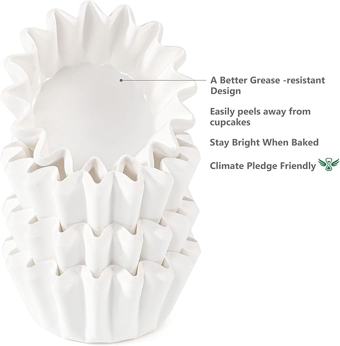 Caperci Heavy Duty White Mini Cupcake Liners 200 Counts - Grease-Resistant Paper Muffin Baking Cups, Odorless, No Muffin Pan Needed, Easily Peels (White)