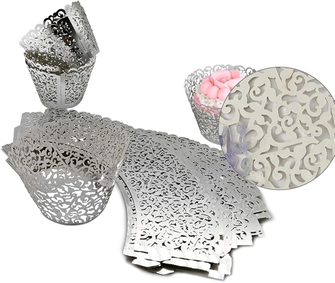 GOLF 100Pcs Cupcake Wrappers Artistic Bake Cake Paper Filigree Little Vine Lace Laser Cut Liner Baking Cup Wraps Muffin CaseTrays for Wedding Party Birthday Decoration (Silver)