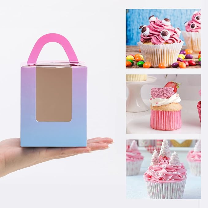 acDesign 100Pcs Single Cupcake Carrier With Window Handle and Inserts 3.6in*3.6in*4.3in Cupcake Boxes Individual for Bakery Wrapping Gift (Gradient)