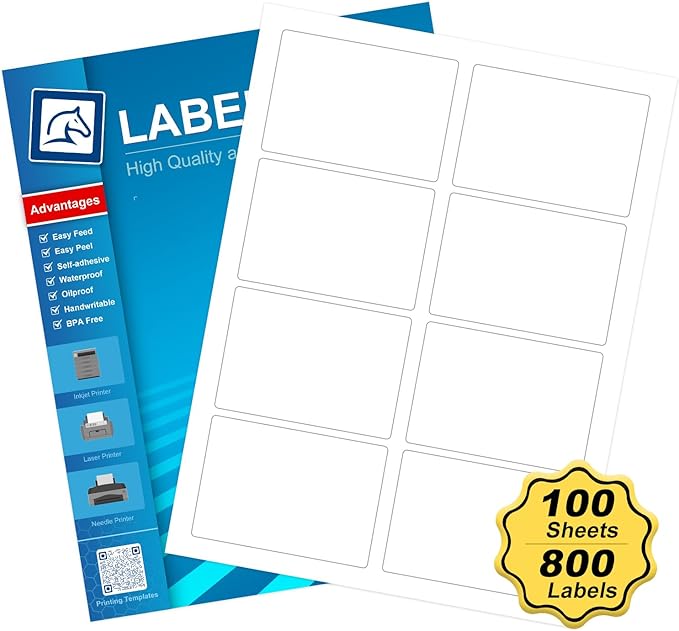 Name Tag Stickers 2 1/3" x 3 3/8", White Blank Mailing Labels, Inkjet and Laser Printer Guaranteed, 8 Labels Per Sheet, 100 Sheets - 800 Labels（HB-R108）
