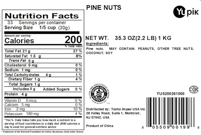 Yupik Pine Nuts, 2.2 lb (35.2 oz), Raw, Gluten-Free, Kosher, Raw Nuts, Smooth & Creamy Pine Kernels, Shelled, Unsalted, Unroasted, Oil-Free, Source of Iron, Ideal for Cooking & Baking