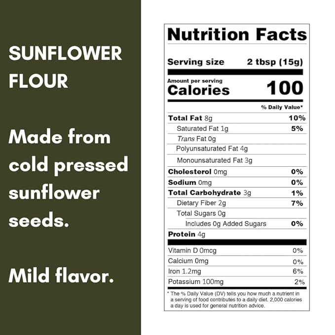 The Pecan Press Pure Sunflower Flour, 2 lb, Gluten Free, High Protein, Cold-Pressed, Resealable Bag