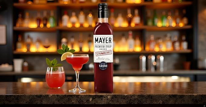 Mayer Premium Hungarian Strawberry Syrup - Award-Winning Artisanal Fruit Syrup, All-Natural, Over 50% Real Fruits, Vegan, Gluten-Free – Perfect Coffee Syrup, Cocktails & Dessert Topping (1 Pack)