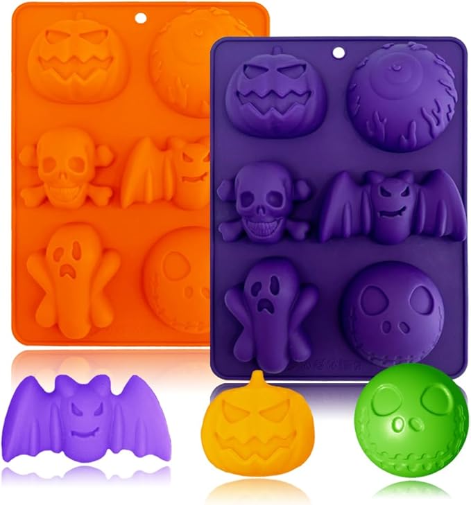 2 Pack Halloween Silicone Molds 6 Cavity Halloween Themed Molds Baking Mould Tray DIY Baking Tool for Aromatherapy Candles Chocolate Pudding Dessert Jelly Soap Cupcake Topper for Halloween Party Treat