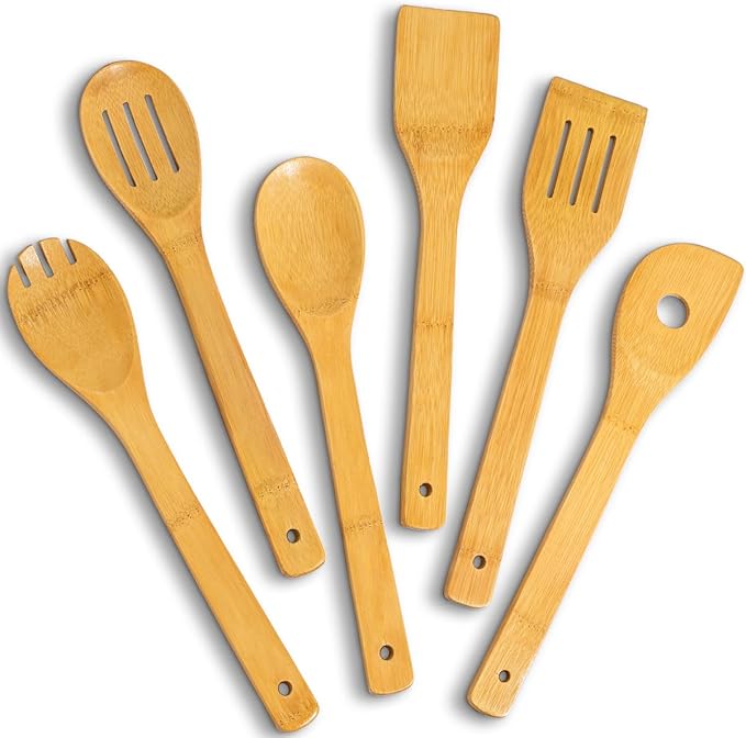 IOOLEEM Bamboo Wooden Spoons for Cooking 6 Pcs 12 Inch, Non-Stick Wooden Kitchen Utensils Set, Natural and Durable Wooden Spatula Spoons for Non-Stick Pan for Cooking