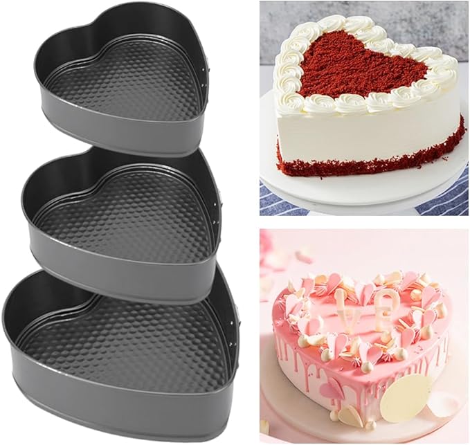 3pcs Heart Shaped Springform Cake Pans, Non Stick Cheesecake Pans Set with Easy Release Base & Secure Lock, 20cm 22cm 24cm Baking Tin Cake Mould for Small Pizza Pie(COLOR:Black)