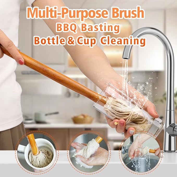 16" BBQ Sauce Basting Mops & Brushes for Roasting or Grilling, Apply Barbeque, Marinade or Glazing, Cotton Fiber Head and Hardwood Handle, Dish Mop Style, Perfect for Cooking or Cleaning - Pack of 3
