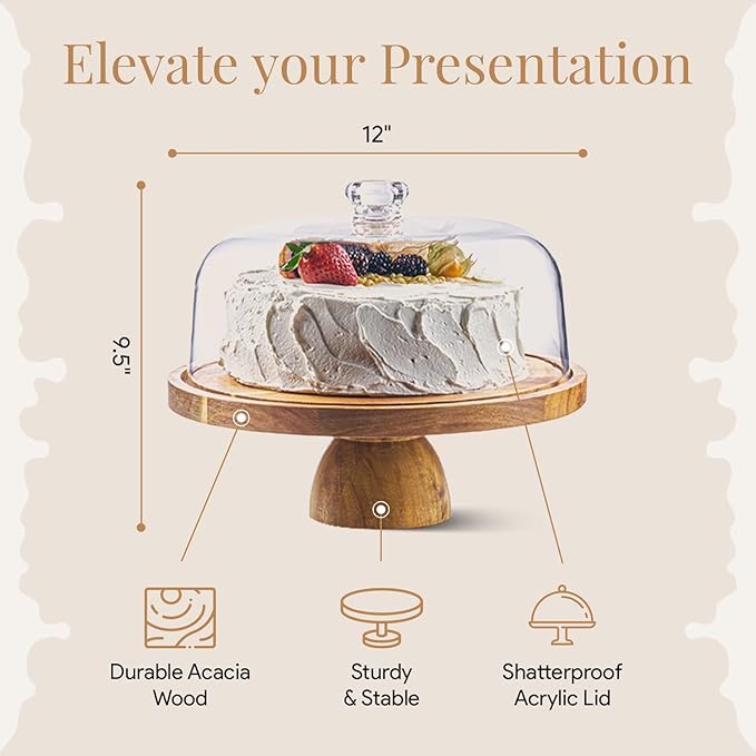 Acacia Wood Cake Stand with Lid - Cake Stand with Dome,12in Round Cake Holder, 2-in-1 Dessert Table Display Set & Charcuterie Board for Cheese, Chips & Dips, Fruit Platter, Large Acrylic Cake Dome Cover