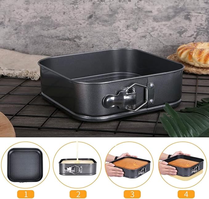 Cake Square Pan Sets for Baking + Cake Decorating Supplies: 4 Non-Stick Springform Pans Set (8.5,9.5, 10, 11 inches), Icing Tips, Cake Leveler – Multi-functional Leak-Proof CheeseCake Pan & eBook