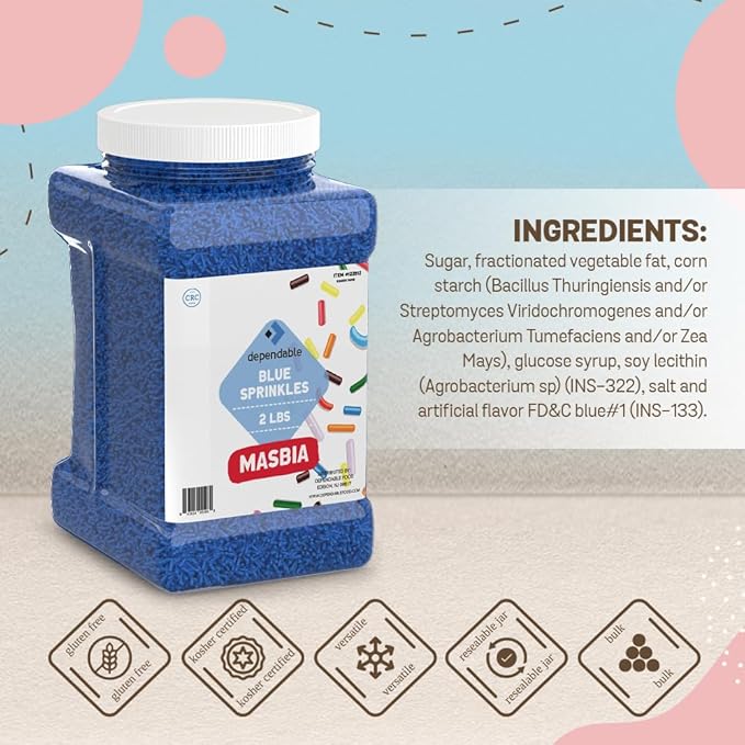Dependable Food Blue Sprinkles - 2 Lb. Bulk Container - Gluten-Free, Kosher, Blue Jimmies for Cake Decorating, Cupcakes & More - Resealable Jar