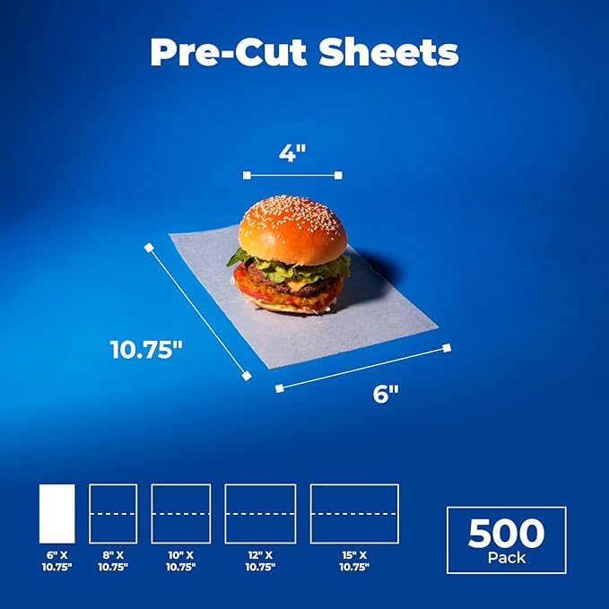 Fit Meal Prep [500 Pack] 6 x 10.75" Wax Paper Sheets for Food, Interfolded Precut Deli Paper, Pop Up Grease-Proof Sandwich Paper Wraps, Waterproof for Lunch, Food Basket, Microwave Cover, BBQ