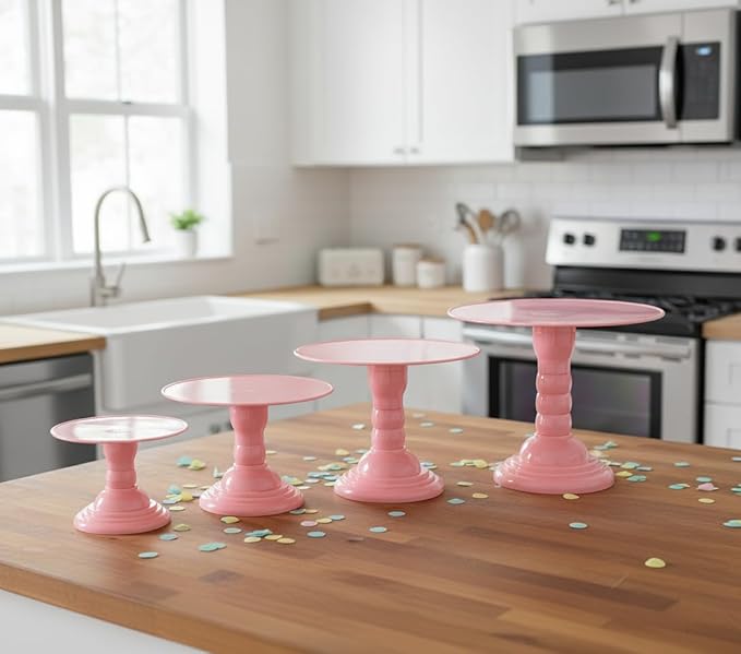 Mirandinha Store - Tall Plastic Round Baby Pink Cake Stand for Wedding, Birthday Party, Graduation, Celebration - Cupcake Stand, Cake Holder, Candy Display, Dessert Tray 4 Heights Adjustable