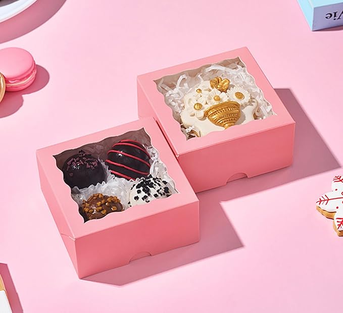 80 Pack 4x4x2 Pink Bakery Treat Boxes with Clear Window and Manual Closure