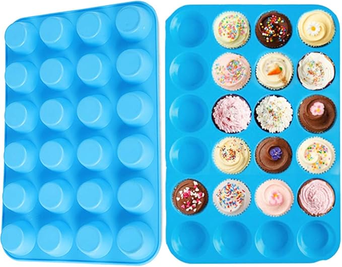 Qtopun Silicone Mini Muffin Pan, 4 Pack 24 Cups Silicone Mold Cups Baking Pan, Silicone Muffin Tins Baking Moulds-Blue