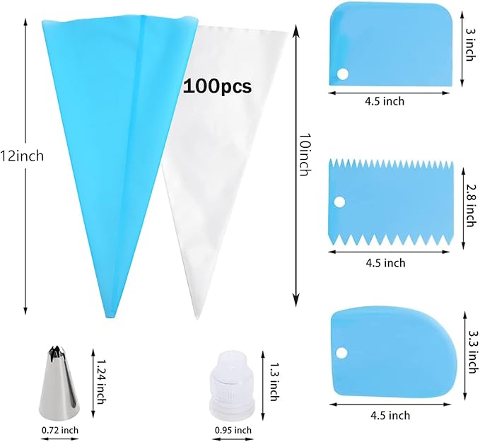 Piping Bags Pastry Bag 100PCS 2 Couplers,14 Frosting Tips 3 Cake Scraper 1 Tie, Cupcake Cake Decorating Bags Disposable Cake Icing Decorating Piping Bags Set For Cake Decorating Reusable For Cookies
