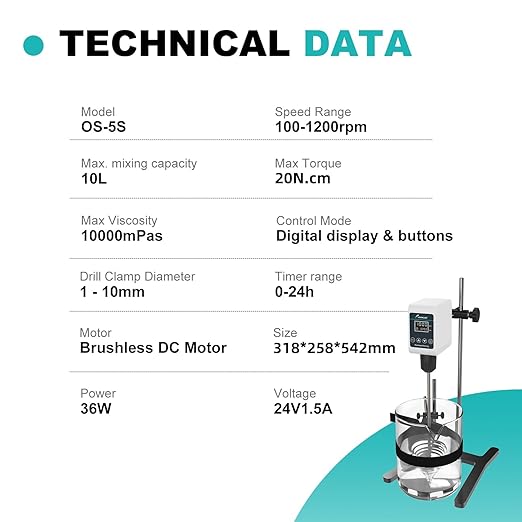 JOANLAB Digital Overhead Stirrer Mixer Set 10L Capacity Max viscosity10,000mPas, Lab Mixer Stirrer 100-1200rpm Lab Overhead Mixer with Support Stand&Two Stirring Rods