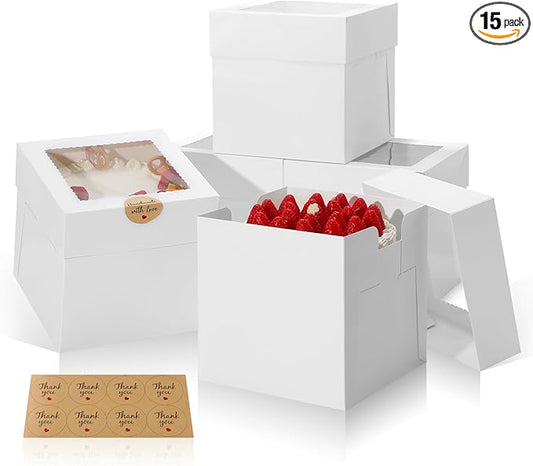 COTOPHER 15Pcs 8x8x8 Inches Cake Boxes, Square Bakery Boxes with Window, Cajas Pasteles for Valentine's Day, Mother's Day,Wedding, Birthday, Party Cake Decorating Supplies for Gift Giving