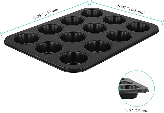 12 Cup Muffin Top Pan, 3 inch Nonstick Steel Baking Whoopie Pies Muffin Cupcake Pan for Eggs Bites, Cookies, Cupcakes, Black, 4 Pack