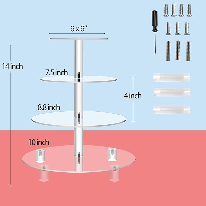 Jusalpha 4 Tier Round Acrylic Cupcake Stand-cake stand-dessert stand, cupcake Tower (4 Tier With Base)
