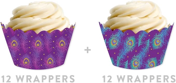 Andaz Press Party Cupcake Wrapper Decorations, Violet Purple and Blue Peacock Feathers, 24-Pack, Theme Colored Bulk Cake Supplies
