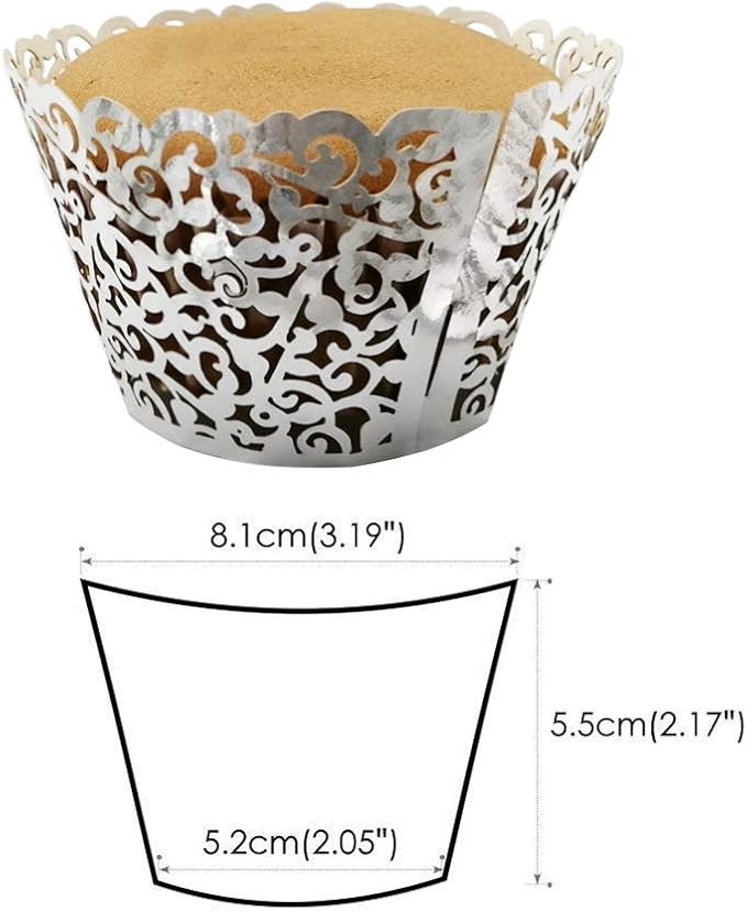 GOLF 100Pcs Cupcake Wrappers Artistic Bake Cake Paper Filigree Little Vine Lace Laser Cut Liner Baking Cup Wraps Muffin CaseTrays for Wedding Party Birthday Decoration (Silver)