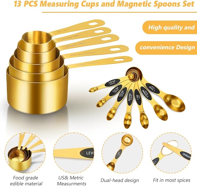 Gold Measuring Cups and Spoons, Set of 13, Including 8 Dual Sided Magnetic Measuring Spoons set with Leveler, 5 Measuring Cups, Stainless Steel Kitchen Gadgets for Liquid & Dry Ingredients