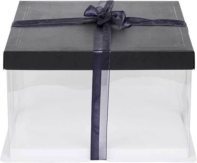 Restaurantware Sweet Vision 10 Inch x 8.25 Inch Transparent Cake Boxes 10 Grease Resistant Base Clear Cake Boxes - Black Lid Black Ribbon Plastic Birthday Cake Boxes For Weddings Or Birthdays