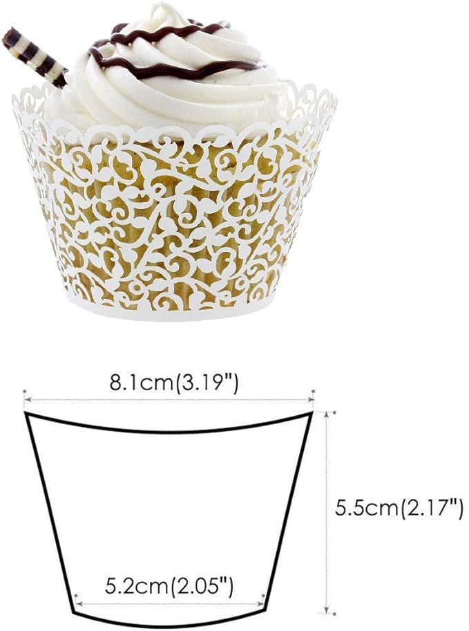GOLF 100Pcs Cupcake Wrappers Artistic Bake Cake Paper Filigree Little Vine Lace Laser Cut Liner Baking Cup Wraps Muffin CaseTrays for Wedding Party Birthday Decoration (White)
