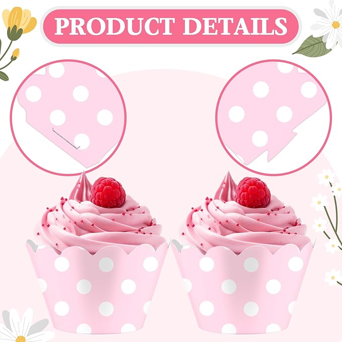 Domensi 100 Pcs Pink Polka Dots Cupcake Wrappers Rustic Cupcake Liners Baking Cups Baking Liners for Wedding Bridal Baby Shower Birthday Breast Cancer Awareness Party Supplies Dessert Decoration