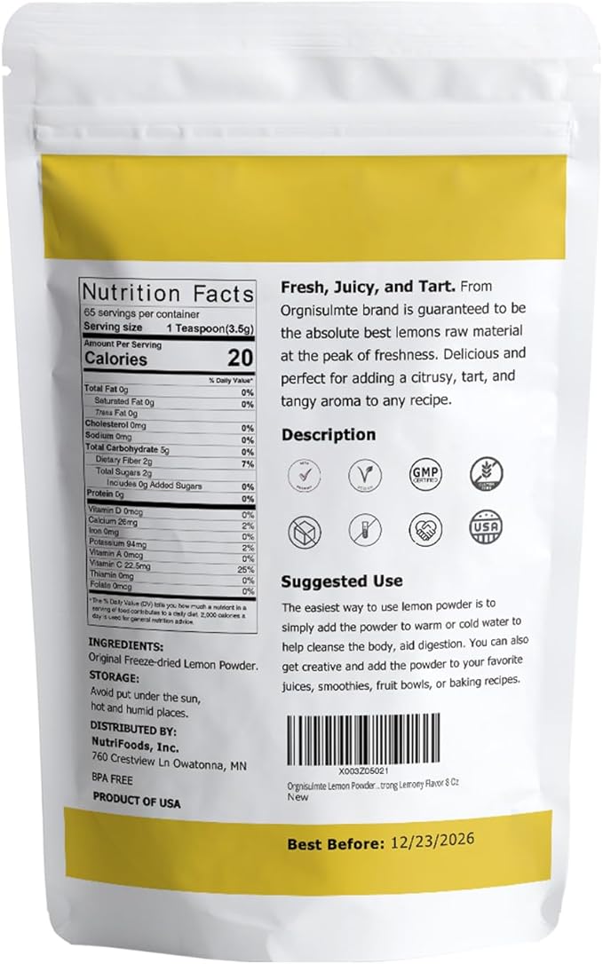 Lemon Powder,Whole Lemon Juice Freeze Dried Powder Strong Lemony Flavor 8 Oz (Pack of 2)