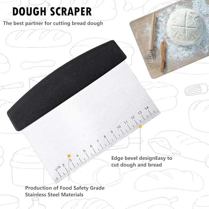 Bread Making Tool Set,Dough Scraper and Bread Scoring Tool for Making Beautiful Bread Tools-Dough Whisk,Dough Scrapers, Bread Lame with 10 Blades Included Replacement (Black)