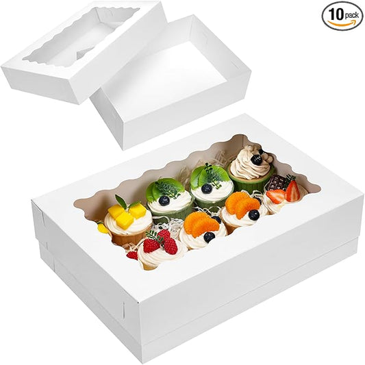 Moretoes 10pcs 14x10x4in Sheet Cake Boxes White Rectangle Bakery Boxes with Window, for Cake Pastry Baking Donuts Cupcake Pie Packaging