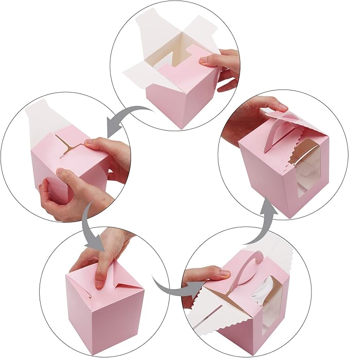 EUSOAR Cupcake Boxes Carriers, 50pcs Pink Single Individual Cupcake Boxes Holders Containers, Portable Paper Muffin Gift Boxes with Window Inserts Handle, for Wedding Birthday Party Treats Boxes