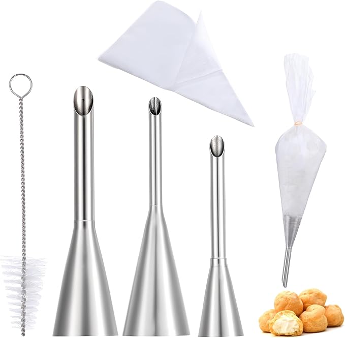 3 Pcs Puff Cream Filling Piping Tips Kit, Long Piping Nozzle with 50 Disposable Bags and 1 Pcs BrushCream Filling Nozzles for Donuts Puff Eclairs Pastry Decorative