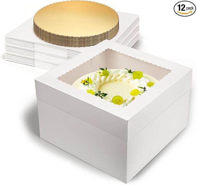 12pcs Cake Boxes, 12x12x8 Inches White Bakery Box with Window, Large Baking Boxes, Round Cardboard Cake Box for Cookies, Pastry, Cookies, Strawberries