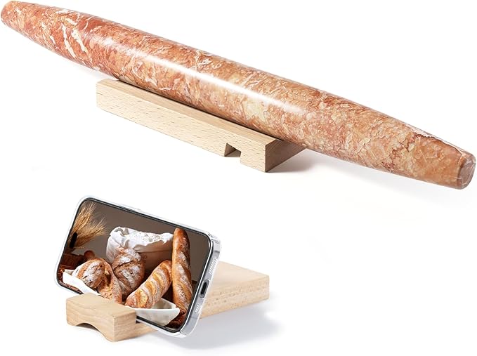 Marble French Rolling Pin, Non-Stick Polished Dough Roller, Pasta, Dumpling, 15 inch Kitchen Baking Tool for Baking with Wooden Resting Base
