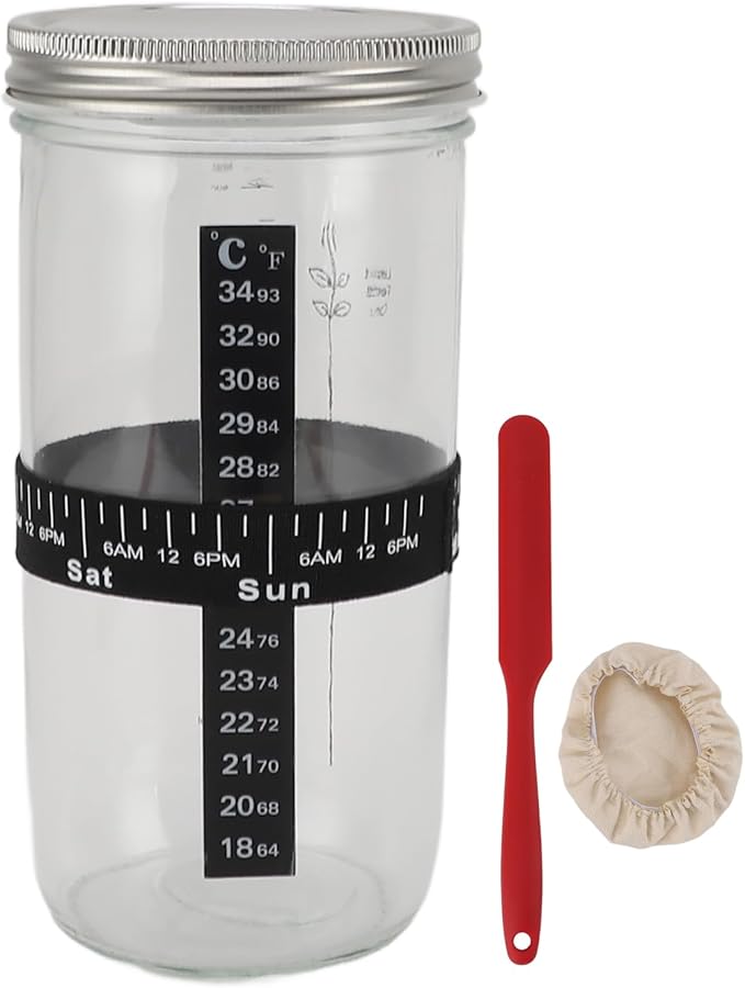 Sourdough Bread Starter Kit, Glass Jar with Markings and Thermometer for Ideal Yeast Fermentation, Bread Making Supplies for Home Bakers, 1000ml, 34oz