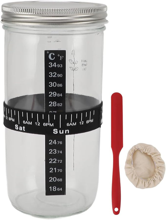 34oz Sourdough Bread Starter Kit, Glass Jar with Silicone Lid, Thermometer, Cloth Cover and Scraper, for Sourdough Bread Baking Supplies, Fun yeast lovers