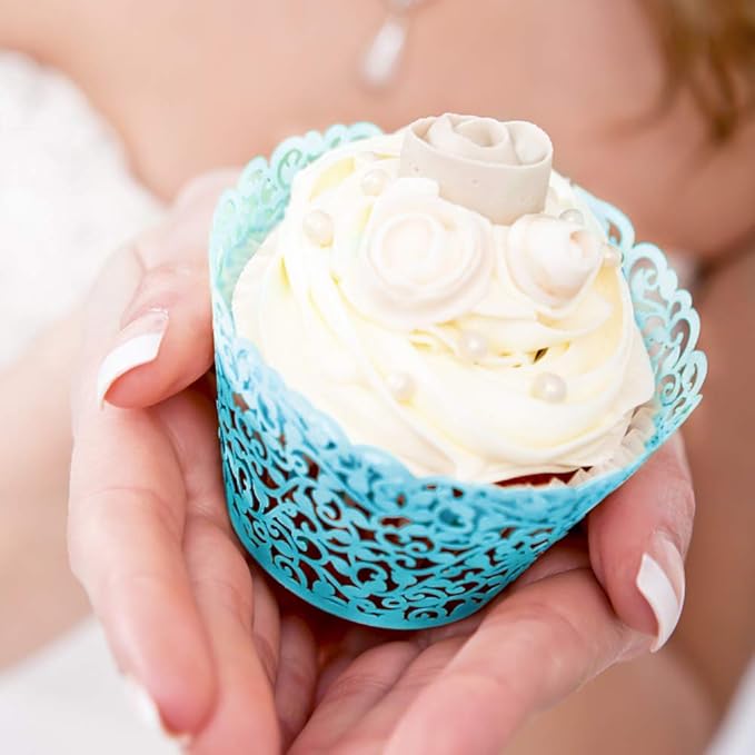 GOLF 100Pcs Cupcake Wrappers Artistic Bake Cake Paper Filigree Little Vine Lace Laser Cut Liner Baking Cup Wraps Muffin CaseTrays for Wedding Party Birthday Decoration (Blue)