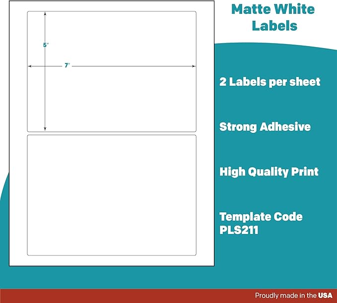 Premium Label Supply White Sticker Shipping Labels – 7" x 5" – Laser/Inkjet Compatible – (2 per Sheet), 100 Sheets – 200 Total Adhesive Labels