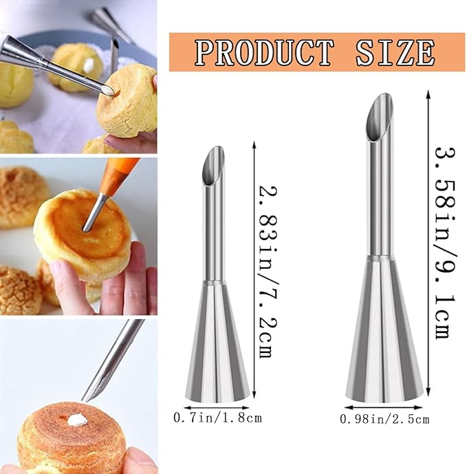 6 PCS Cream Icing Piping Nozzle Tip Stainless Steel Long Cream Puff Piping Tips Cake Decorating Tools Multipurpose Pastry Piping for Small Pastries Puffs Cupcakes Filling Donuts Other Pastries