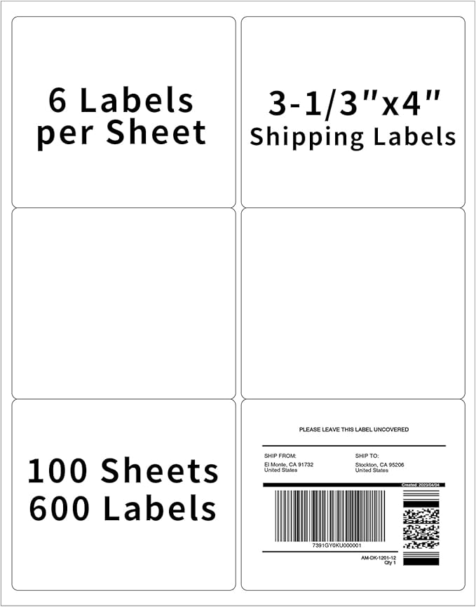 [100 Sheets 600 Labels] 3⅓" x 4" Printable Mailing Label for Laser & Inkjet Printers, 6 Up Permanent Adhesive Label Blank, 6 per Page Shipping Address Labels, FBA Box Labels