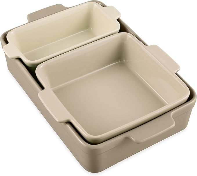 Best Choice Products Set of 3 Large Serving Trays, Party Platters and Ceramic Non-Stick Bakeware For Appetizers, Charcuterie, Snack, Dessert, Casserole, Sour Dough Bread Loaf - Mushroom Beige