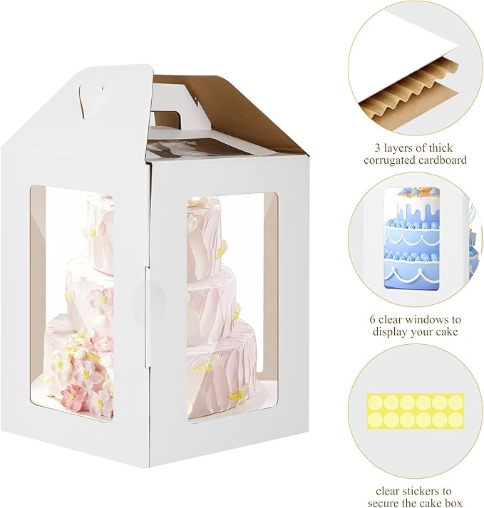 6 Pack Tall Cake Boxes with Cake Boards, 12x12x14 Inch Tiered Cake Box with 6 Windows, Layer Cake Carrier with Handle Bakery Take out Containers for Wedding Birthday Party (White-12x12x14 Inch-6 Pack)