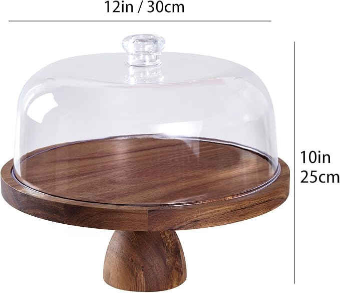 Cake Stand with Lid, Multi-Functional 12in Round Cake Holder, Acacia Wood 2-in-1 Dessert Table Display Set, Charcuterie Board for Cheese ,Fruit Platter, Large Acrylic Cake Dome Cover